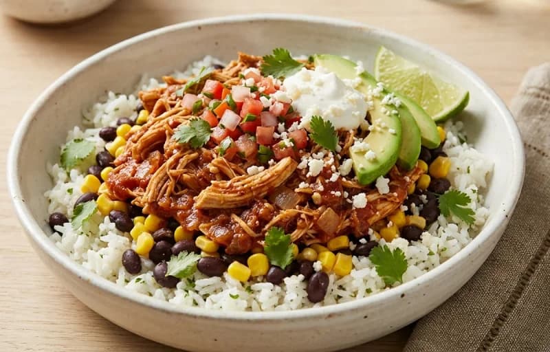 Chicken Tinga Burrito Bowl, Steamed Basmati Rice, Boston Baked Beans, Lettuce Leaves and Corn and Black Bean Salsa - Recipe 1