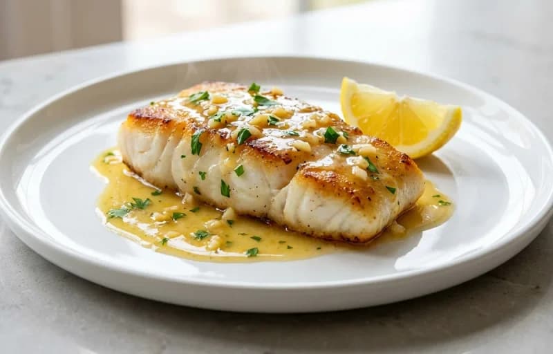 Cod with Lemon Butter Sauce, Lemon Caper Sauce, Herbed Wild Rice and Sauteed Spinach with Garlic - Recipe 1