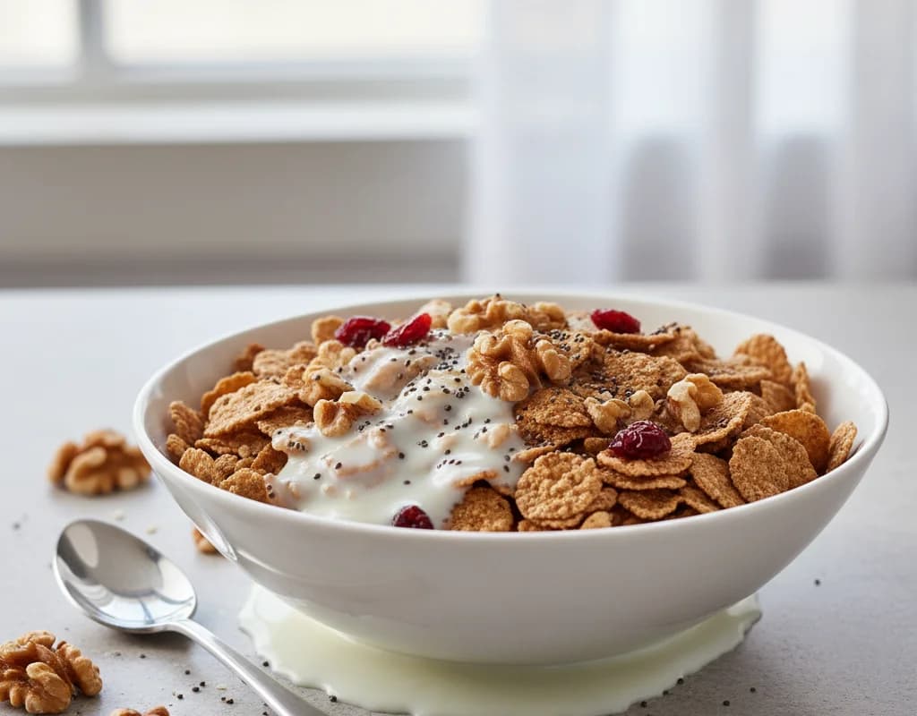 High-Fiber Cereal with Milk and Walnuts