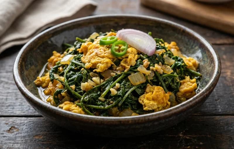 Dhekia Xaak with Egg Bhaji, Steamed Basmati Rice and Mati Dail - Recipe 1
