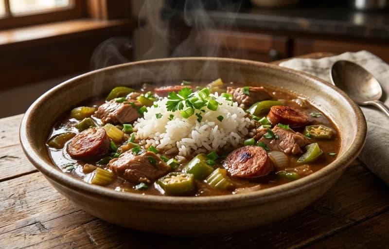 Duck and Andouille Gumbo, Steamed Basmati Rice and French Bread - Recipe 1