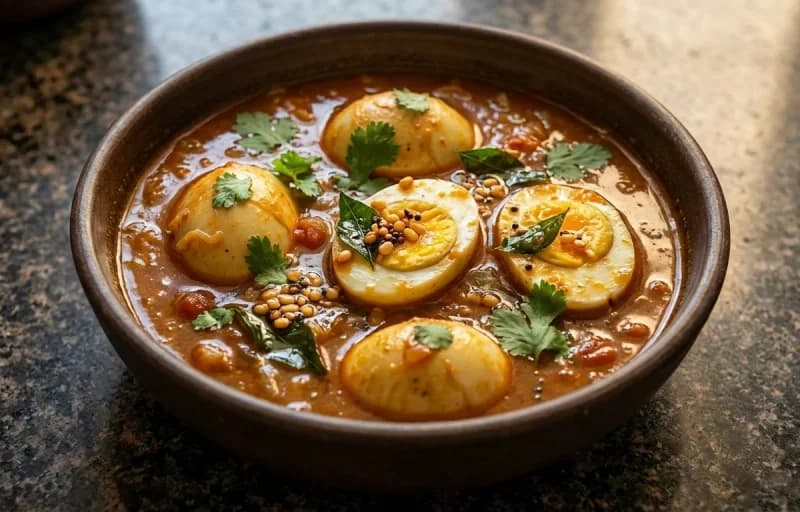 Egg Drop Kuzhambu, Steamed Basmati Rice and Vazhakkai Varuval - Recipe 1