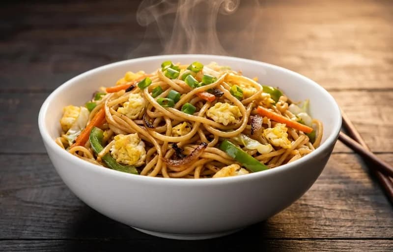 Egg Hakka Noodles with Mushroom Baby Corn Hot Garlic Sauce - Recipe 1