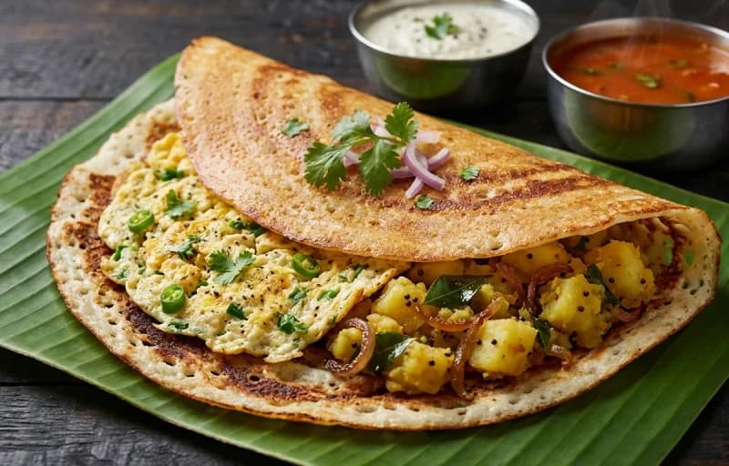 Egg Masala Dosa, Vegetable Sambar and Coconut Chutney - Recipe 1