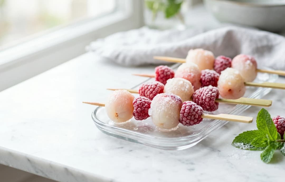 Frozen Litchi & Raspberry Skewers