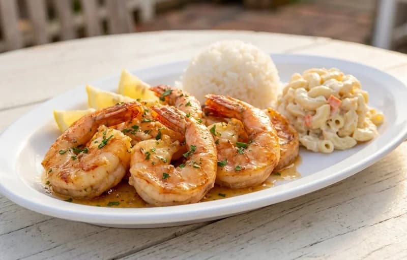 Garlic Shrimp Plate Lunch, Steamed Basmati Rice and Macaroni Salad - Recipe 1