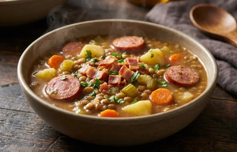 German Lentil Soup, Sausage and Peppers and Rye Bread - Recipe 1