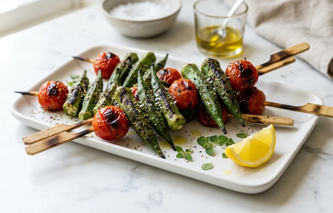 Grilled Okra & Tomato Skewers