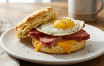 Ham Biscuit with Fried Egg and Cheese