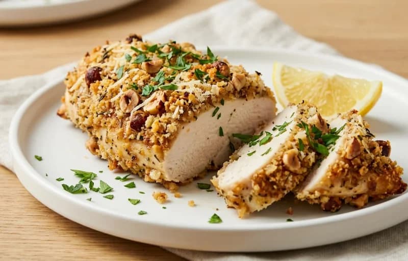 Hazelnut-Crusted Chicken, Roasted Sweet Potatoes and Sauteed Green Beans with Bacon - Recipe 1