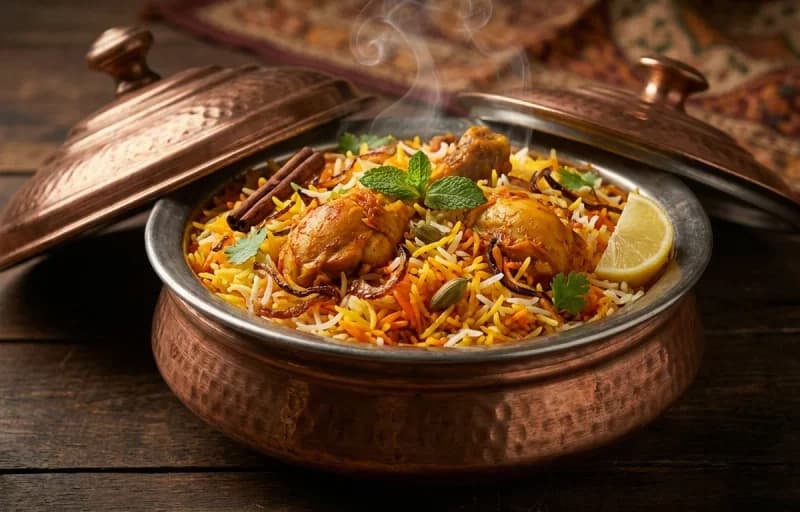 Hyderabadi Chicken Biryani, Bagara Baingan and Cucumber Raita - Recipe 1