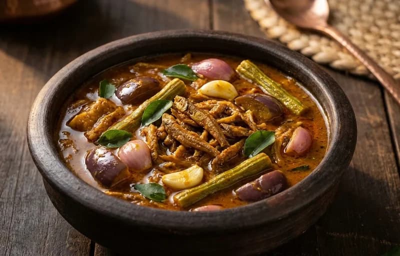 Karuvadu Kuzhambu, Steamed Basmati Rice and Keerai Poriyal - Recipe 1