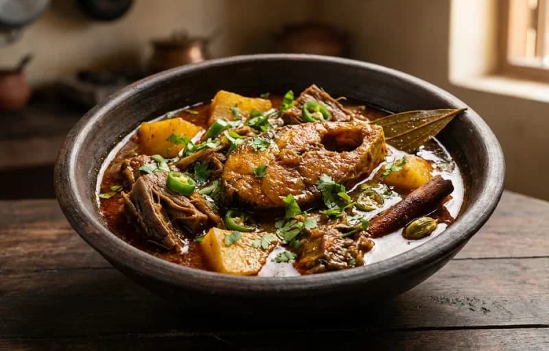 Koni Anja with Kolful, Steamed Basmati Rice and Aloo Pitika - Recipe 1