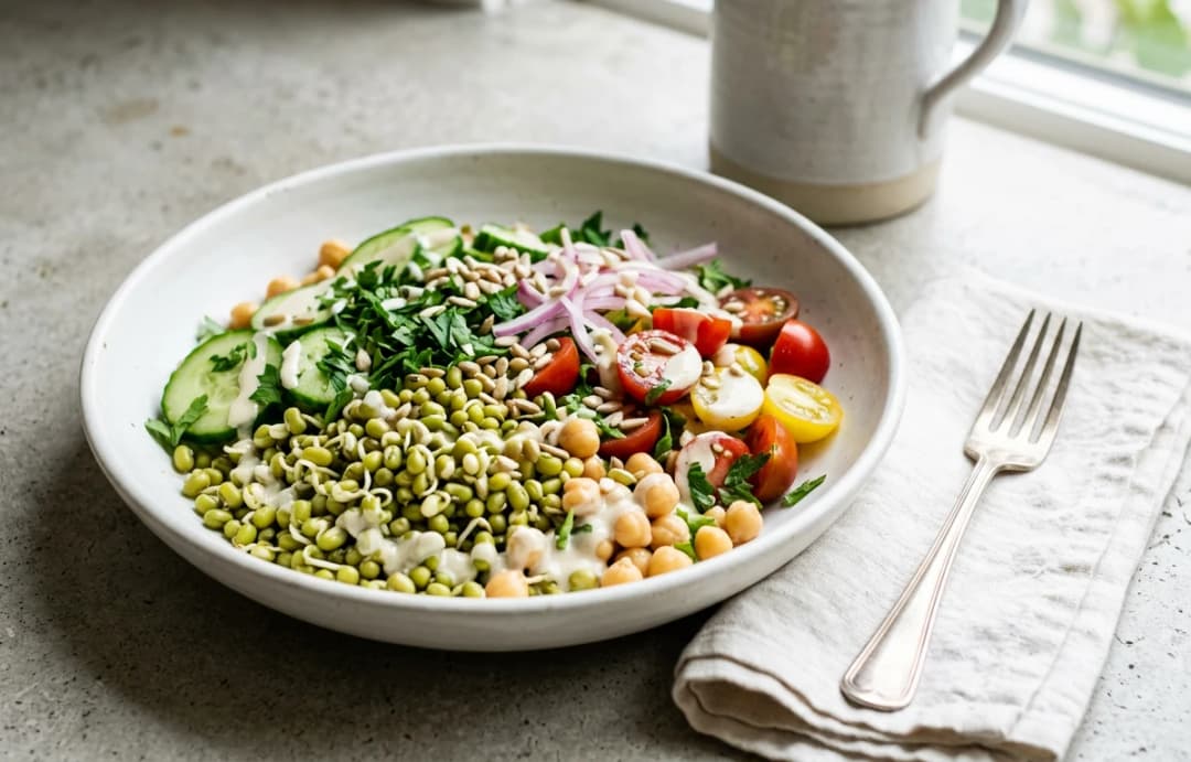 Loaded Sprout Salad with Chickpeas & Tahini Dressing