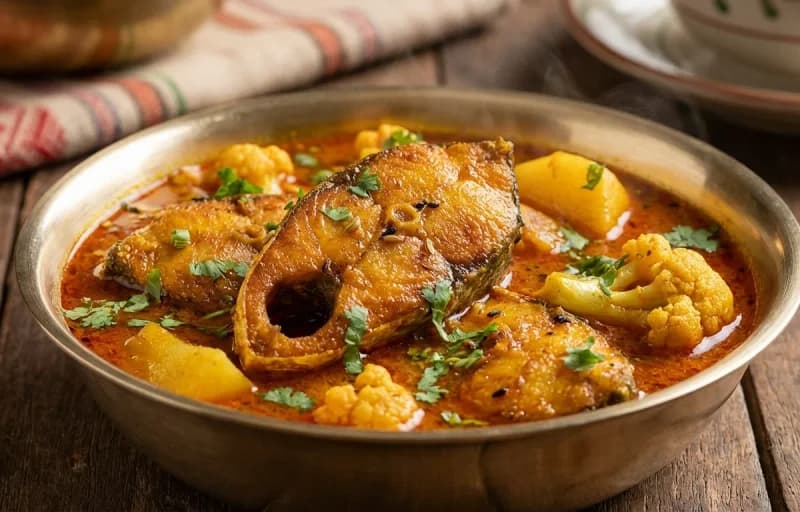 Macher Jhol, Steamed Basmati Rice and Aloo Bhaja - Recipe 1