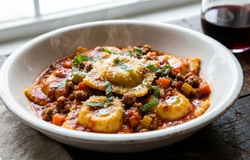Meat Ravioli with Bolognese Sauce with Parmesan Crisps - Recipe 1