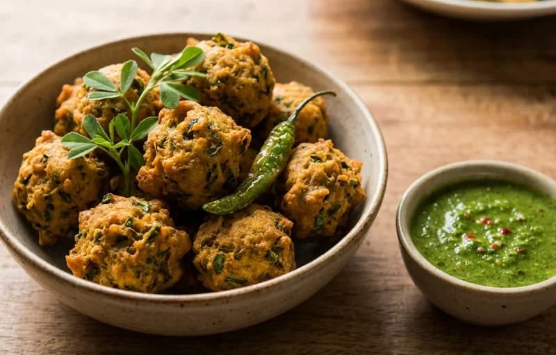 Methi na Gota with Stuffed Fried Green Chillies - Recipe 1