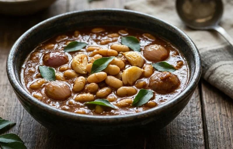 Mochai Kara Kuzhambu, Steamed Basmati Rice and Beans Poriyal - Recipe 1