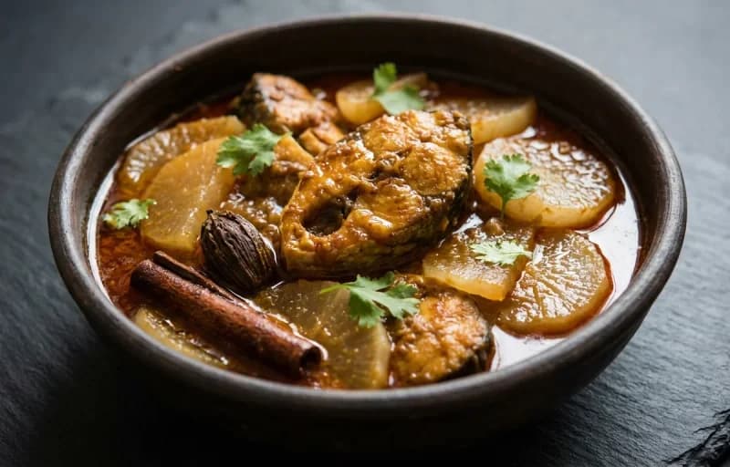 Muj Gaad, Steamed Basmati Rice and Monji Haak - Recipe 1