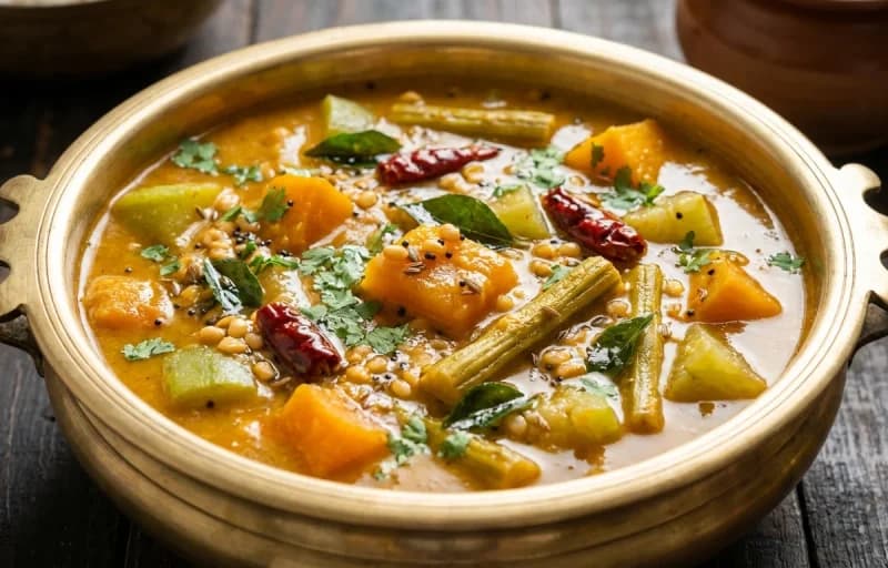 Steamed Rice, Mukkala Pulusu, Dondakaya Vepudu and Biyyam Vadiyalu - Recipe 2