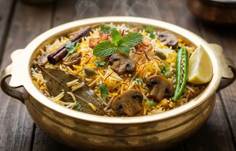 Mushroom Biryani, Boiled Egg and Onion Raita - Recipe 1