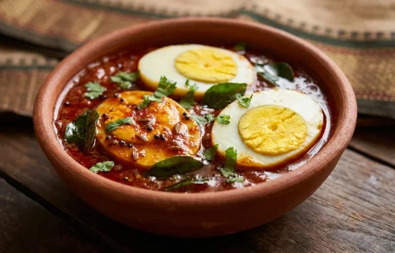 Muttai Masala, Steamed Basmati Rice, Tomato Rasam and Cabbage Poriyal - Recipe 1