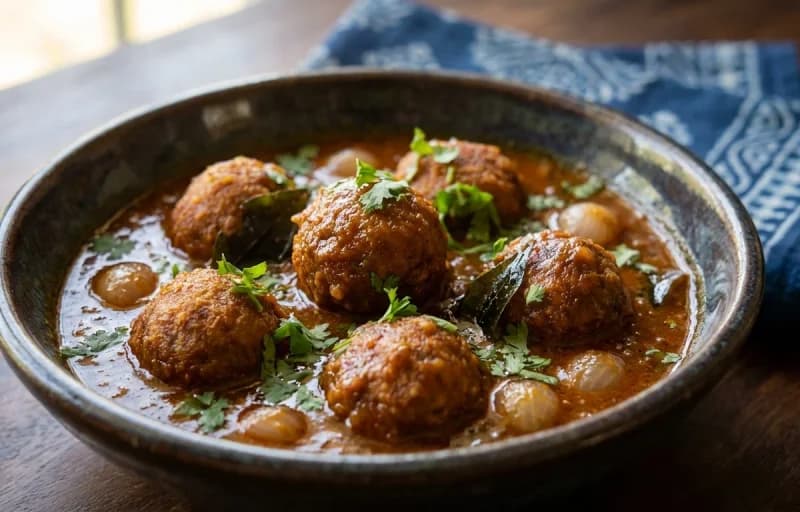Mutton Kola Urundai Kuzhambu, Steamed Basmati Rice and Potato Fry - Recipe 1