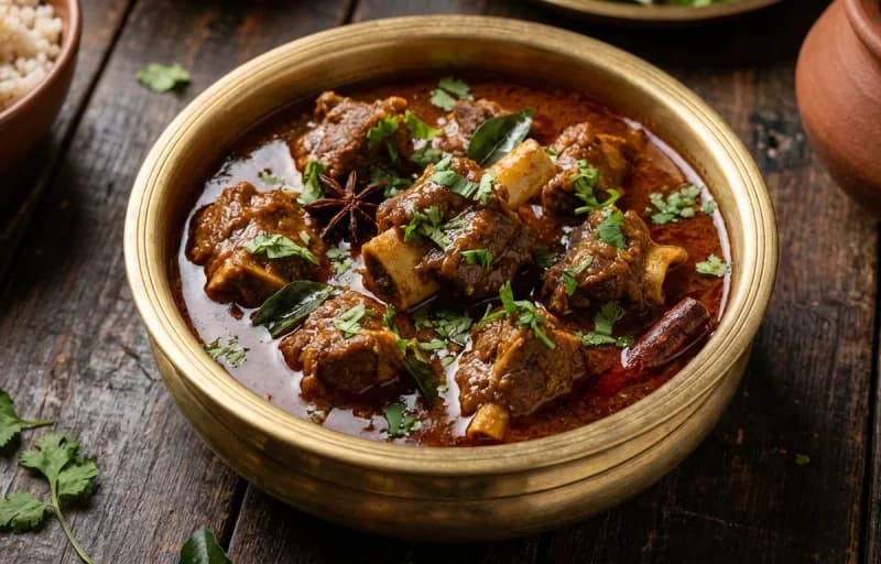 Mutton Kuzhambu, Steamed Basmati Rice, Beans Poriyal and Curd - Recipe 1