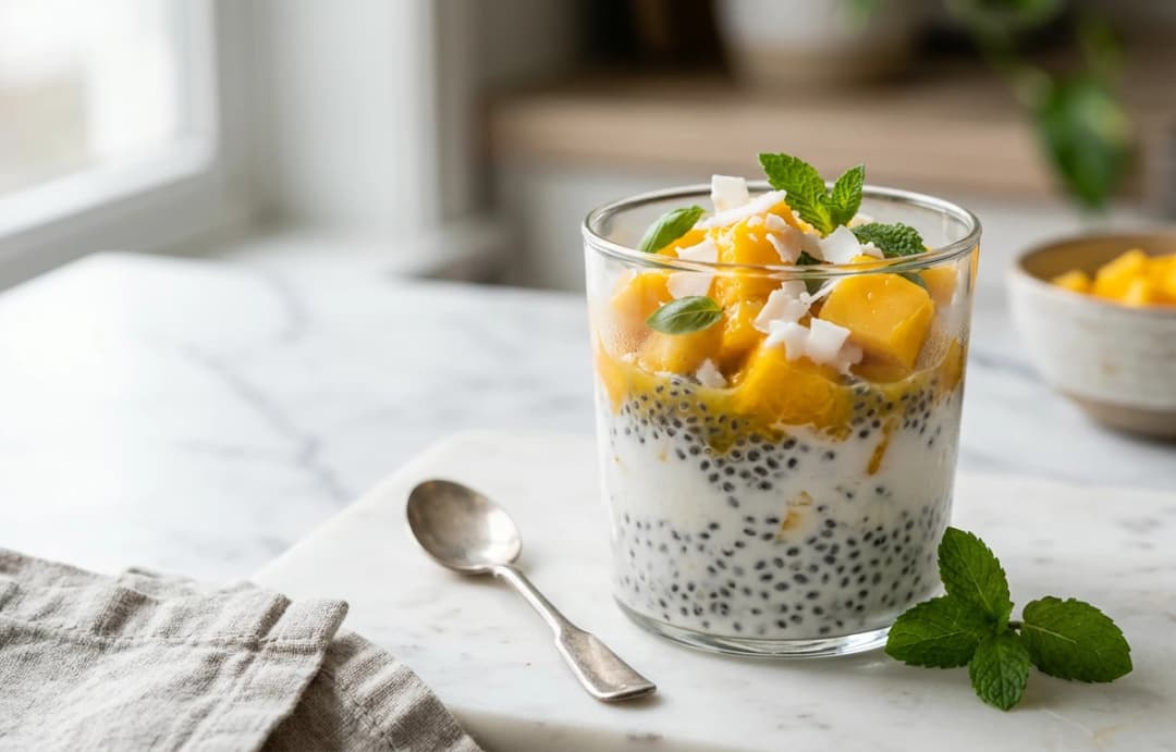 Overnight Mango Basil Seed Pudding