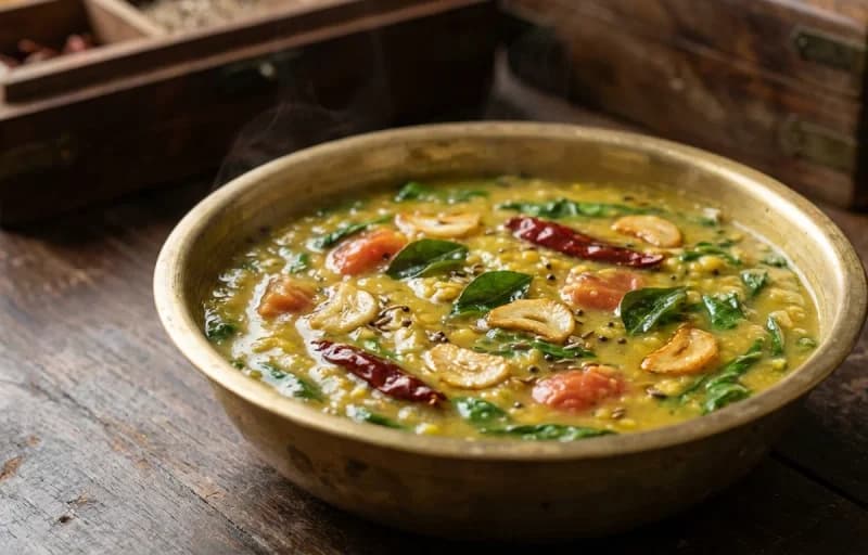 Steamed Basmati Rice, Palakura Pappu, Aloo Fry, Tomato Rasam and Curd - Recipe 2