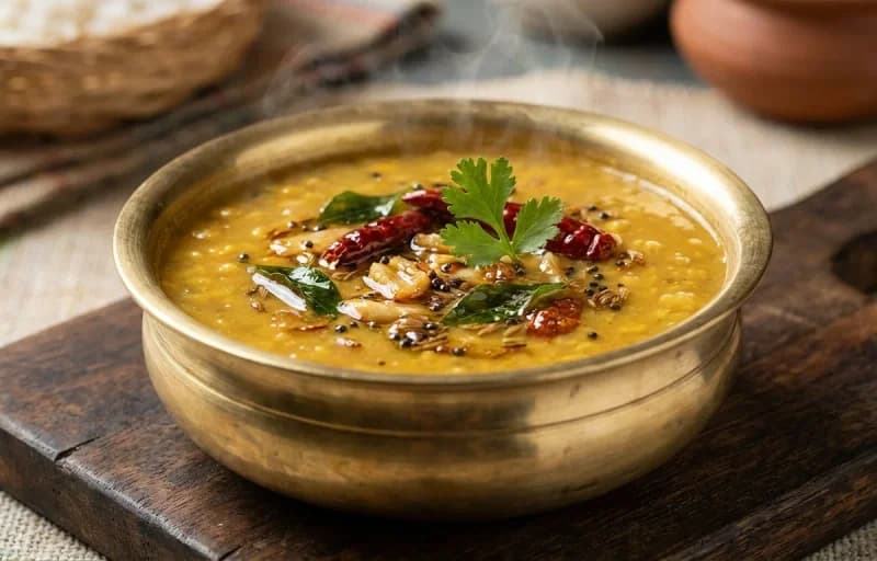 Steamed Basmati Rice, Pesara Pappu Charu and Aloo Vepudu - Recipe 2