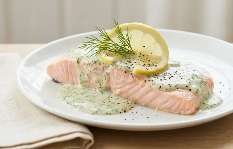 Poached Salmon with Dill Sauce, Boiled Potatoes and Sauteed Green Beans with Bacon - Recipe 1