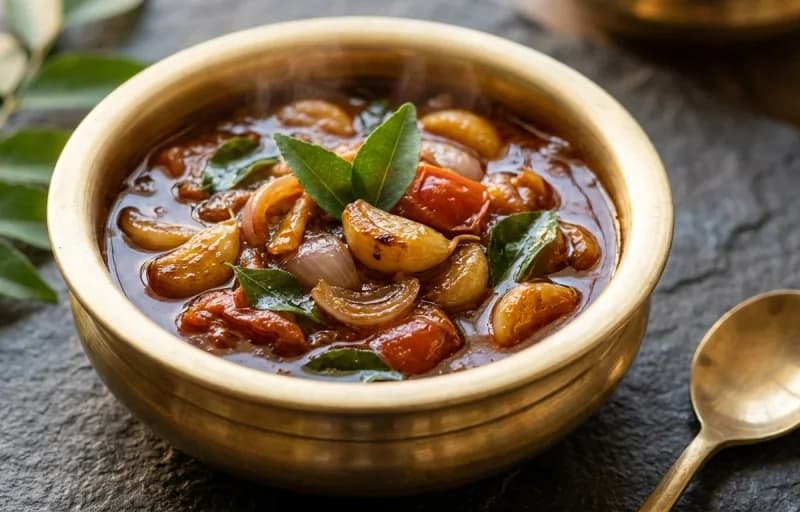 Steamed Basmati Rice, Poondu Kulambu, Muttai Omelette and Senaikizhangu Varuval - Recipe 2