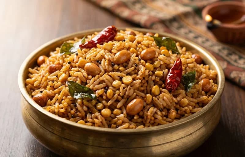 Puliyodharai, Muttai Poriyal and Sutta Appalam - Recipe 1