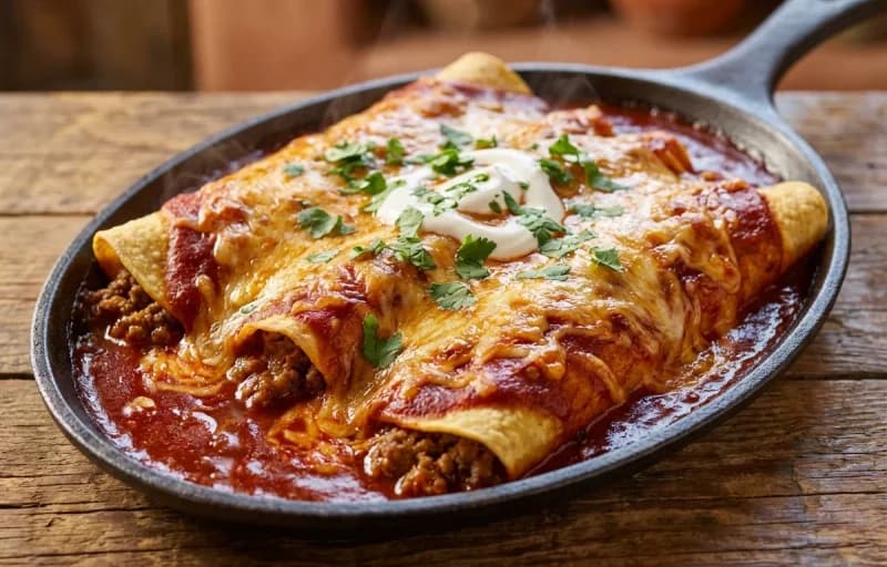Red Chile Beef Enchiladas, Spanish Rice and Pinto Beans - Recipe 1