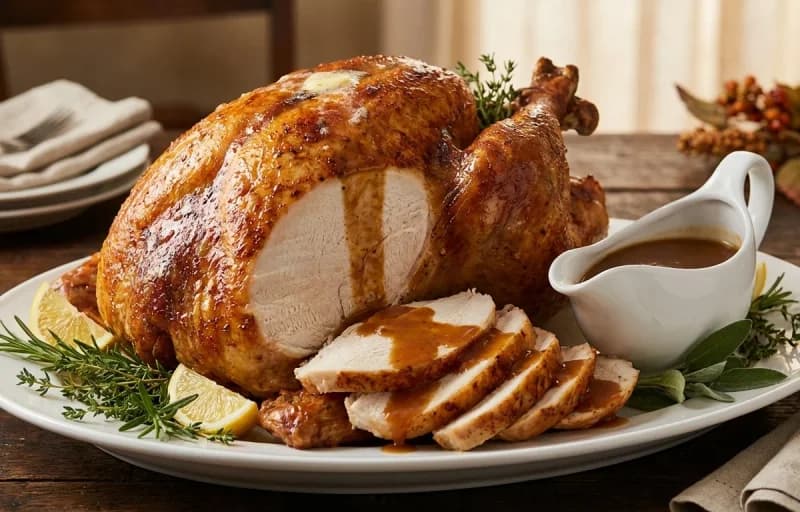 Roast Turkey with Pan Gravy, Stuffing, Brown Gravy, Cranberry Sauce and Mashed Potatoes - Recipe 1