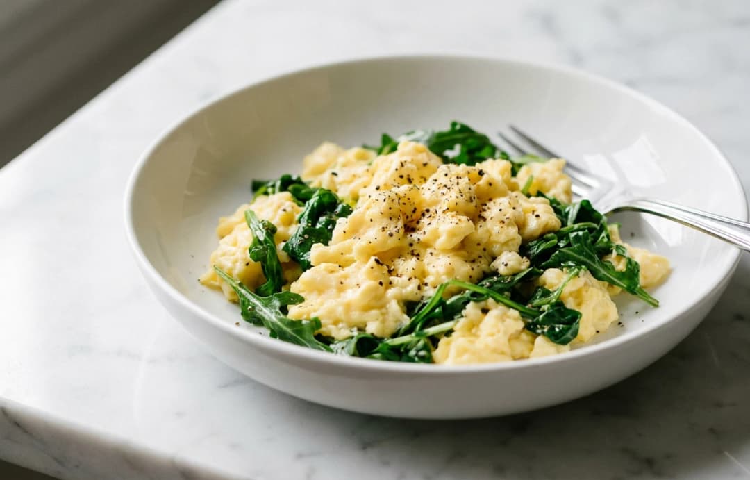 Scrambled Eggs with Wilted Arugula