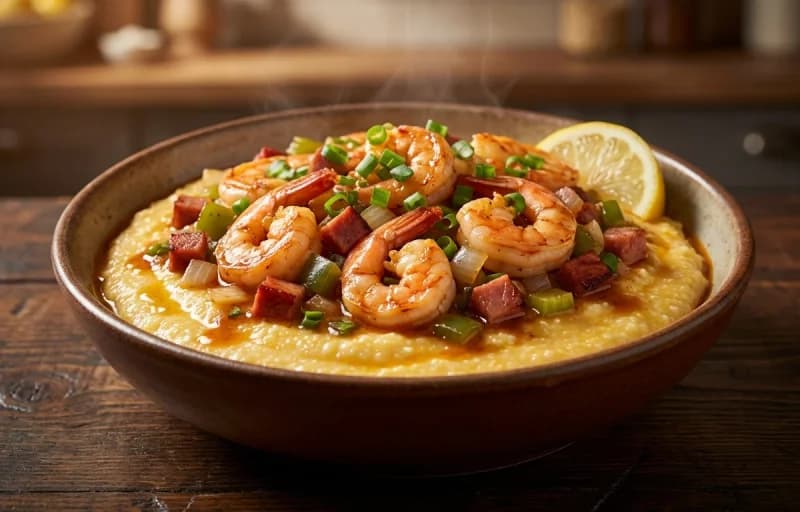 Shrimp and Tasso Grits with Poached Egg - Recipe 1