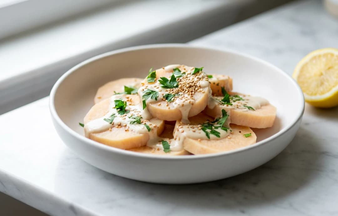 Simple Steamed Yam with Tahini Drizzle