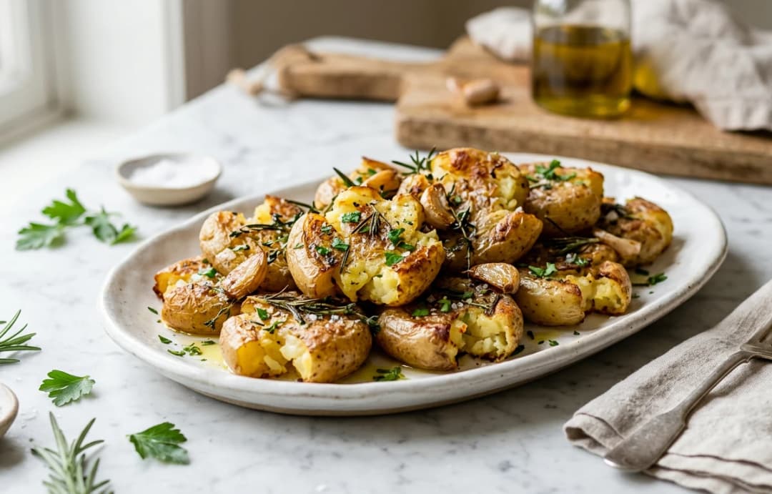 Smash-Roasted Garlic & Herb Potatoes