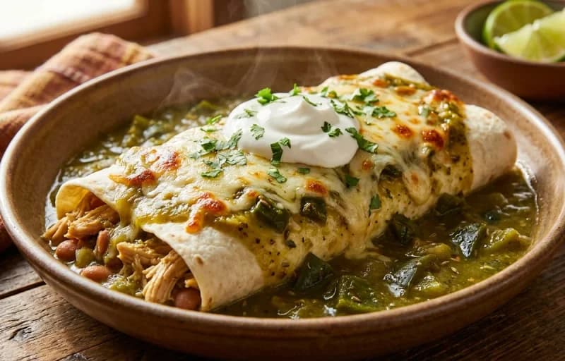 Smothered Green Chile Burrito, Spanish Rice and Sour Cream - Recipe 1