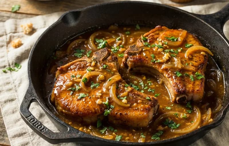 Smothered Pork Chops, Steamed Basmati Rice, Brown Gravy and Collard Greens - Recipe 1