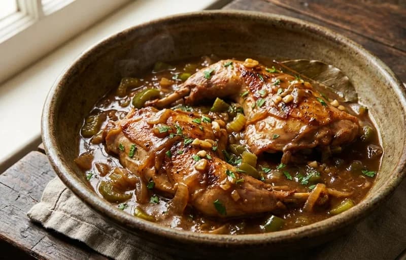 Smothered Rabbit, Steamed Basmati Rice and Field Peas - Recipe 1