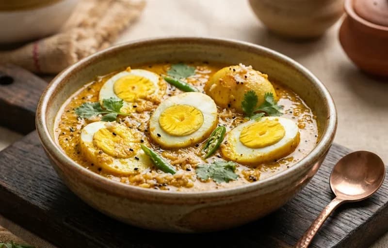 Sorshe Narkel Dim, Shada Bhaat and Aloo Bhaja - Recipe 1