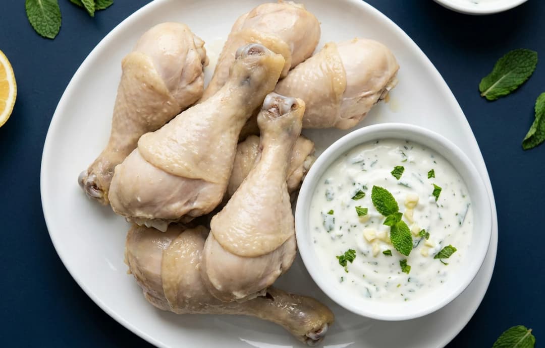 Steamed Drumsticks with Yogurt-Mint Dip