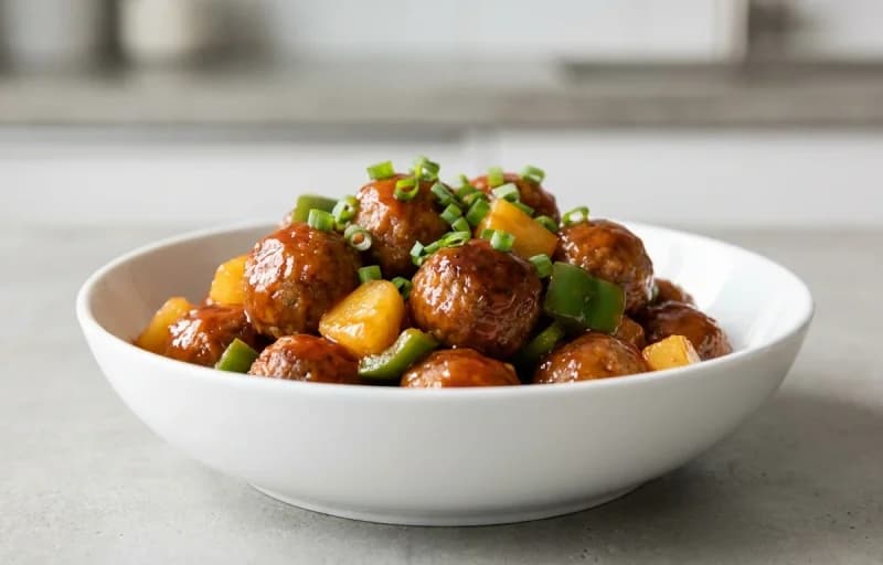 Sweet and Sour Meatballs, Egg Noodles and Steamed Green Beans - Recipe 1