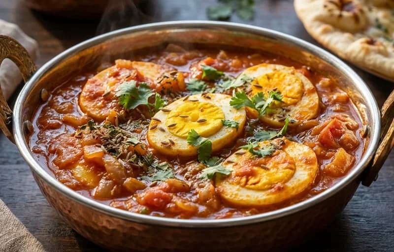 Tomato Onion Egg Curry, Steamed Basmati Rice and Roasted Papad - Recipe 1