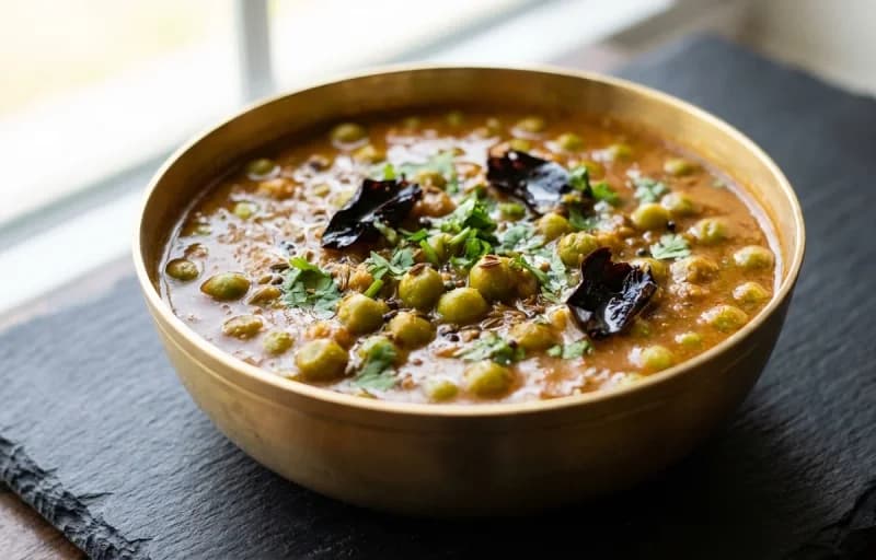 Vatana Ambat, Steamed Basmati Rice and Roasted Papad - Recipe 1