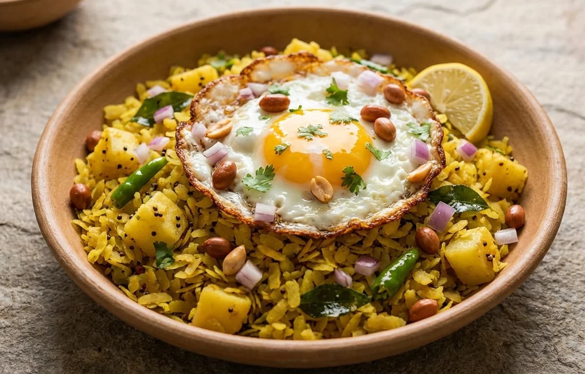 Aloo Poha with Fried Egg
