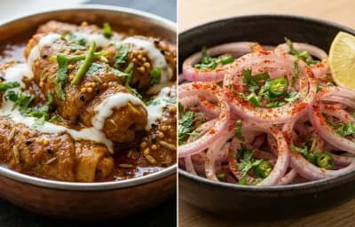Achari Soya Chaap with Laccha Onion Salad